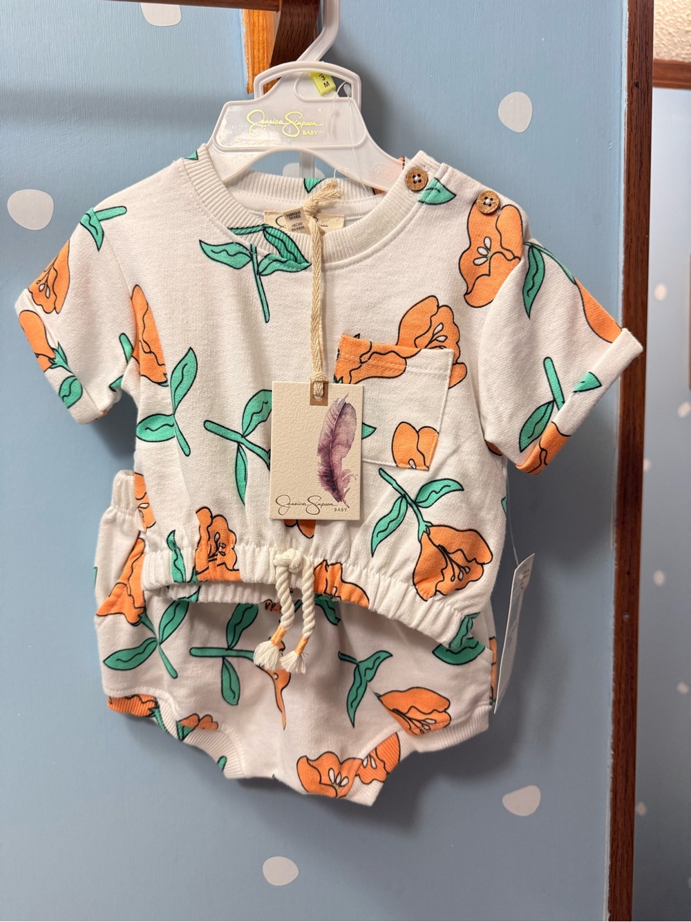 Jessica Simpson Baby Orange Floral 2 piece set with Green Leaves